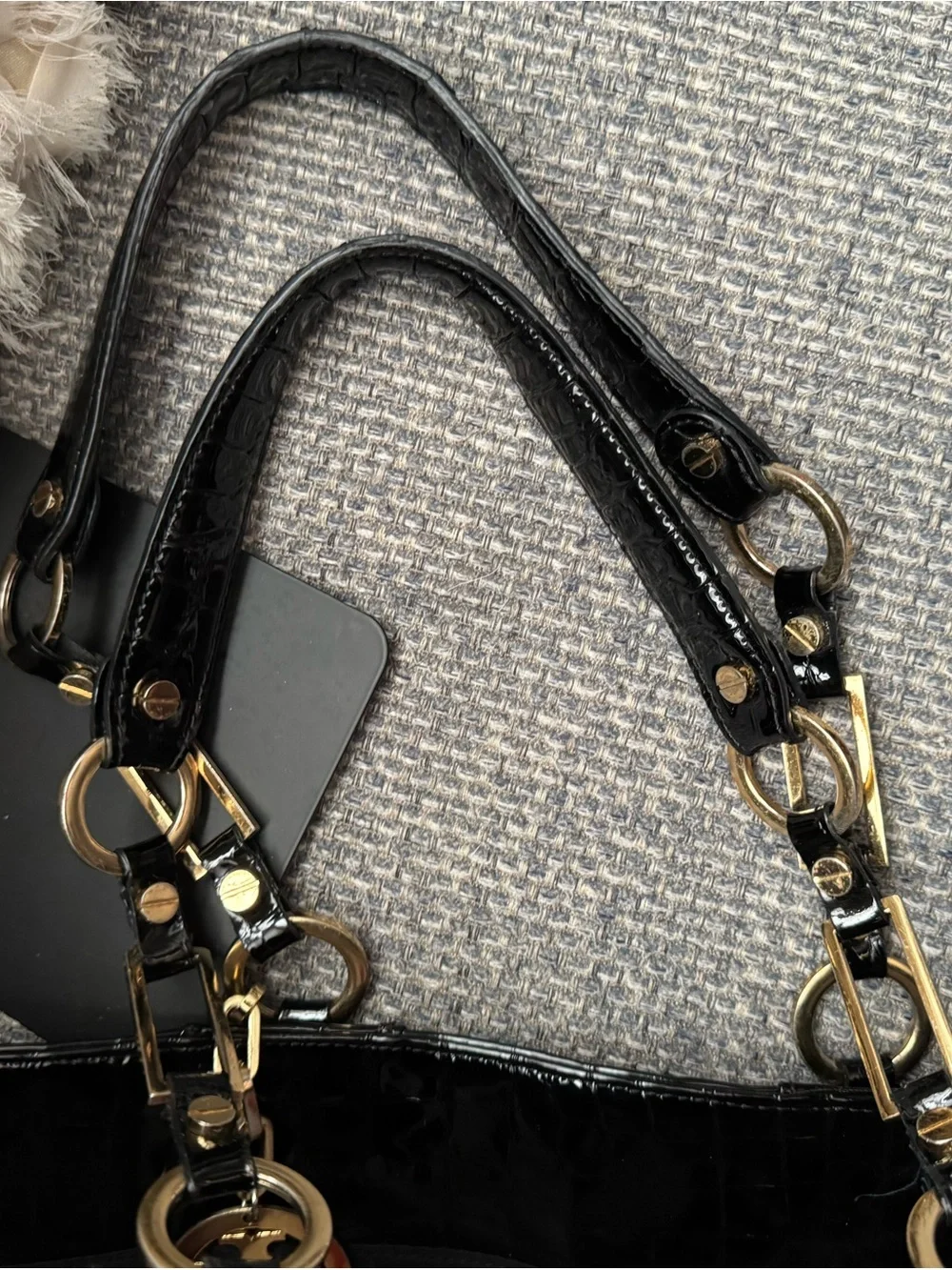 Tory Burch Black Croc-Embossed Patent Leather Tote Shoulder Bag Gold Hardware